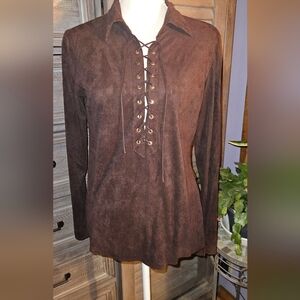 Brown Lace-Up Long Sleeve Collard Top Microsuede Soft Material Like New